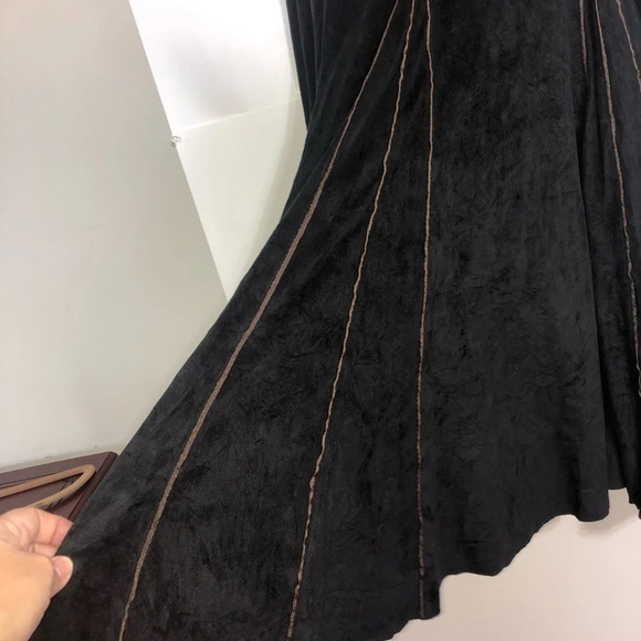 Tribal Midi Skirt Faux Suede Black Copperish Piping 6 Grunge Y2K Witchy - Picture 7 of 10